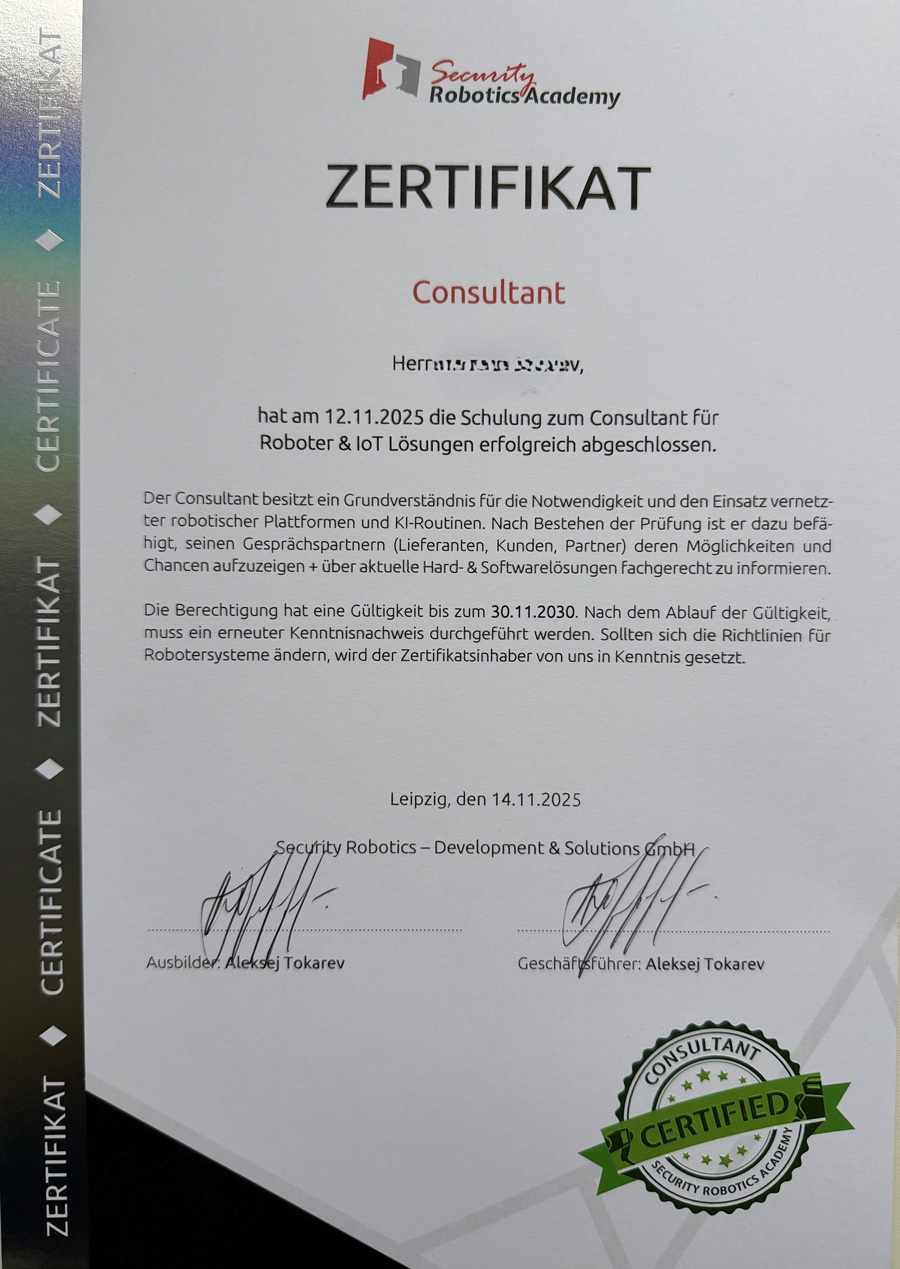 Zertifikat der Security Robotics Academy